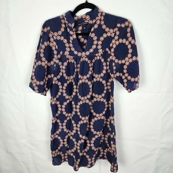 Banana Republic Silk Tunic Shift Dress Short Navy Blue Geometric Print Sz Small - Picture 1 of 8